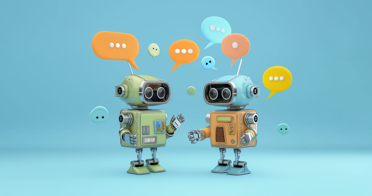 Two stylized robots with colorful speech bubbles on a light blue background.