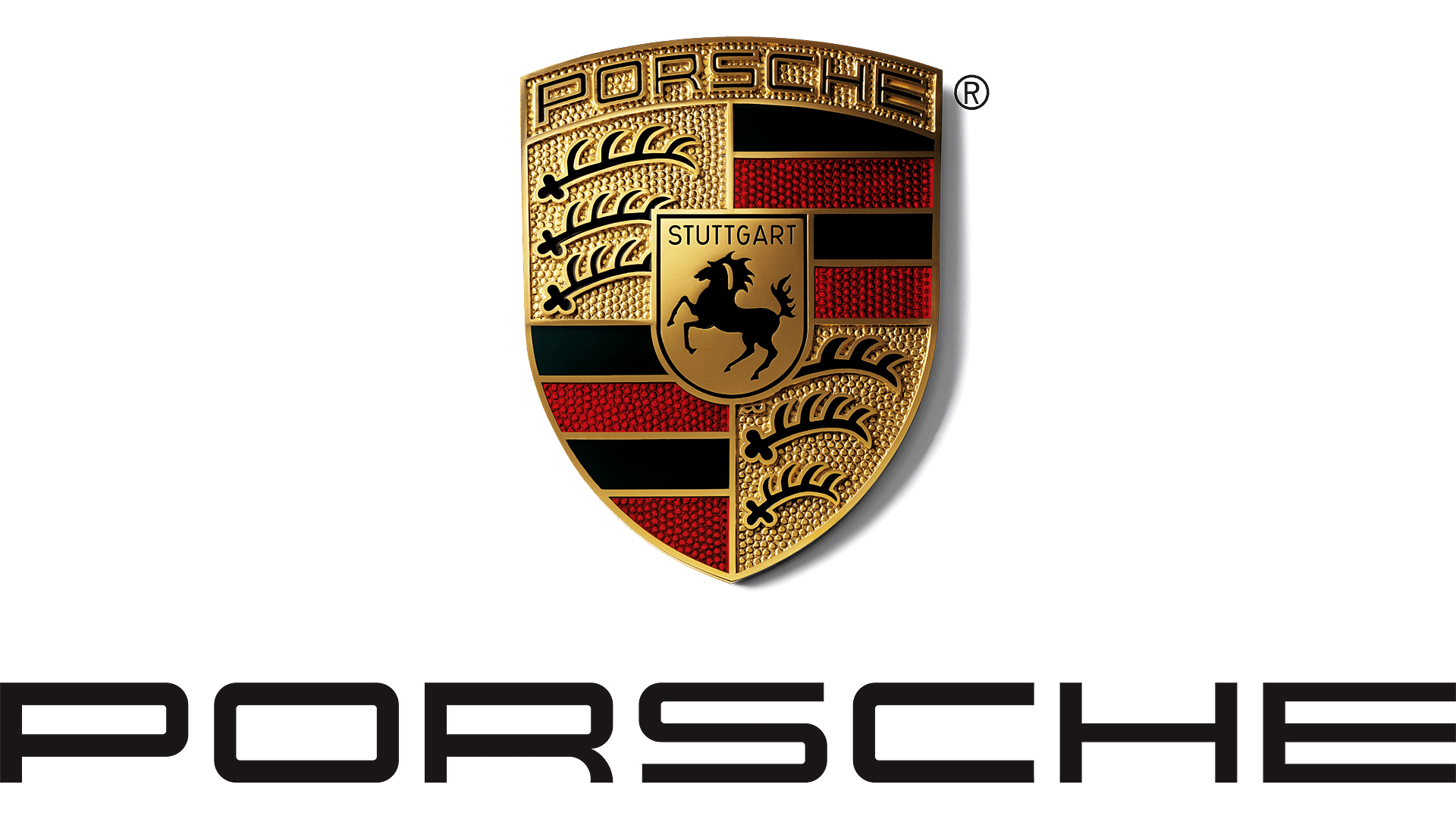 Porsche crest logo featuring the Stuttgart horse, surrounded by red and gold, with 'PORSCHE' text below, on a dark green background.