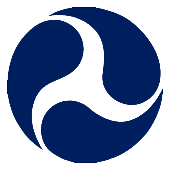 Circular dark blue logo with three swirling, interconnected shapes, the emblem of the U.S. Department of Transportation.
