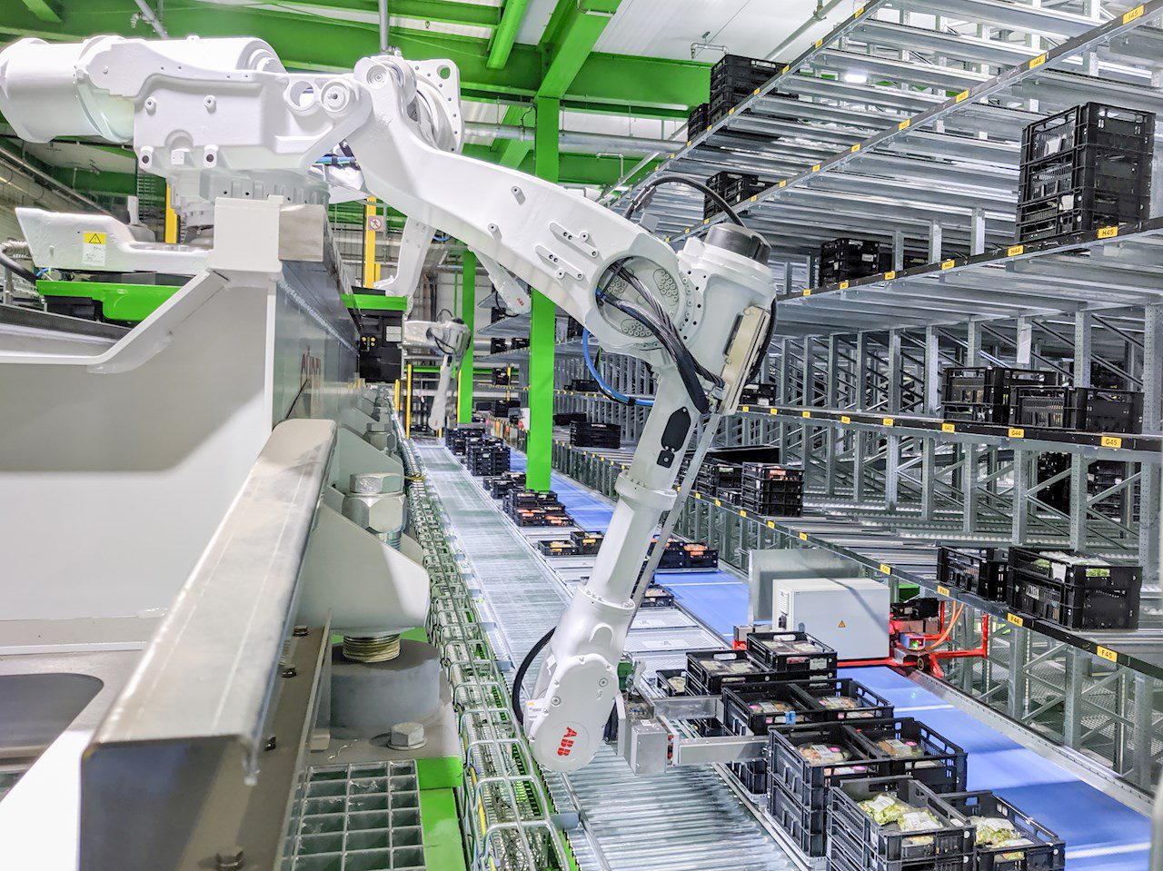 An ABB IRB 660 four-axis robot starts the product flow