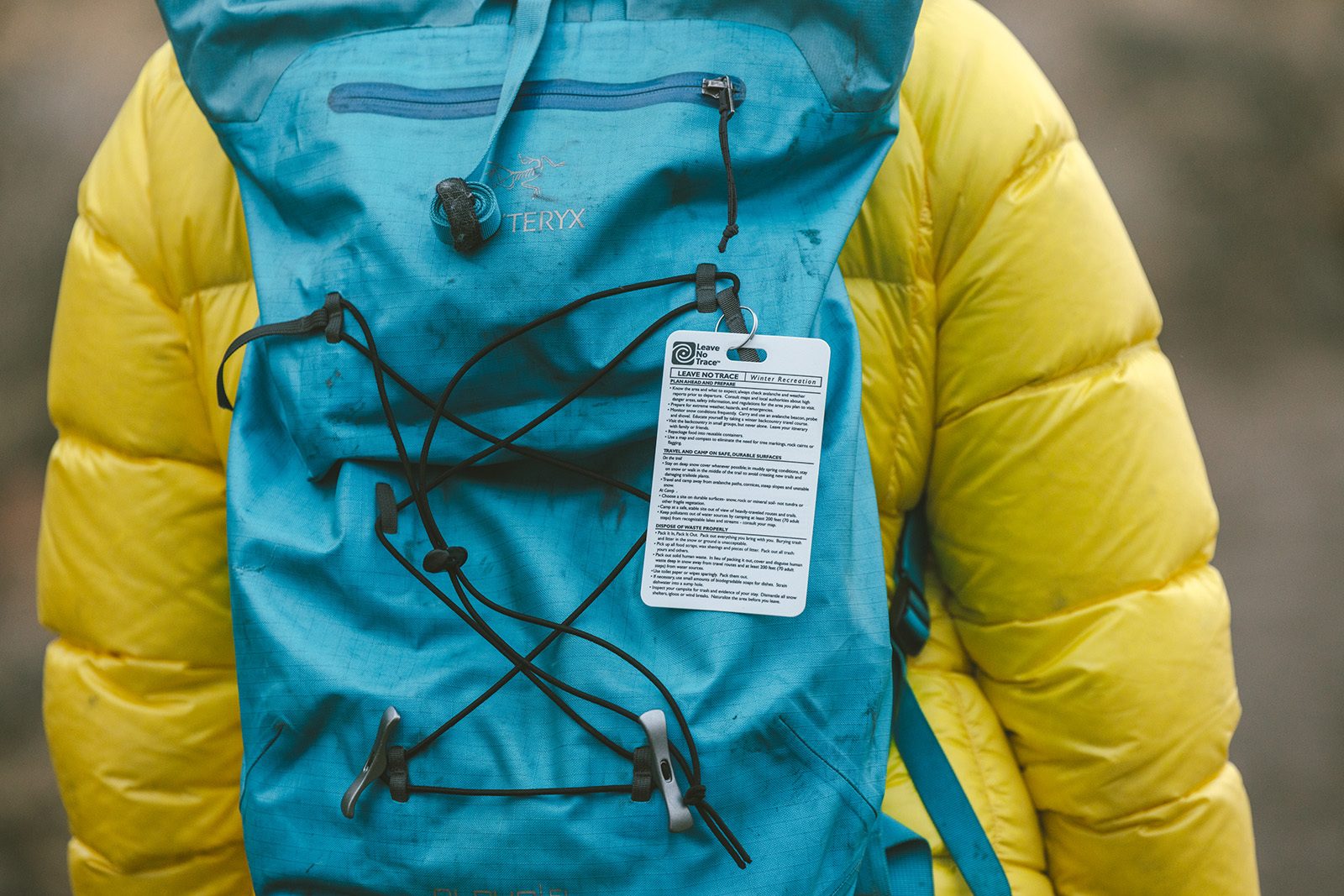 Leave No Trace placard on a backpack
