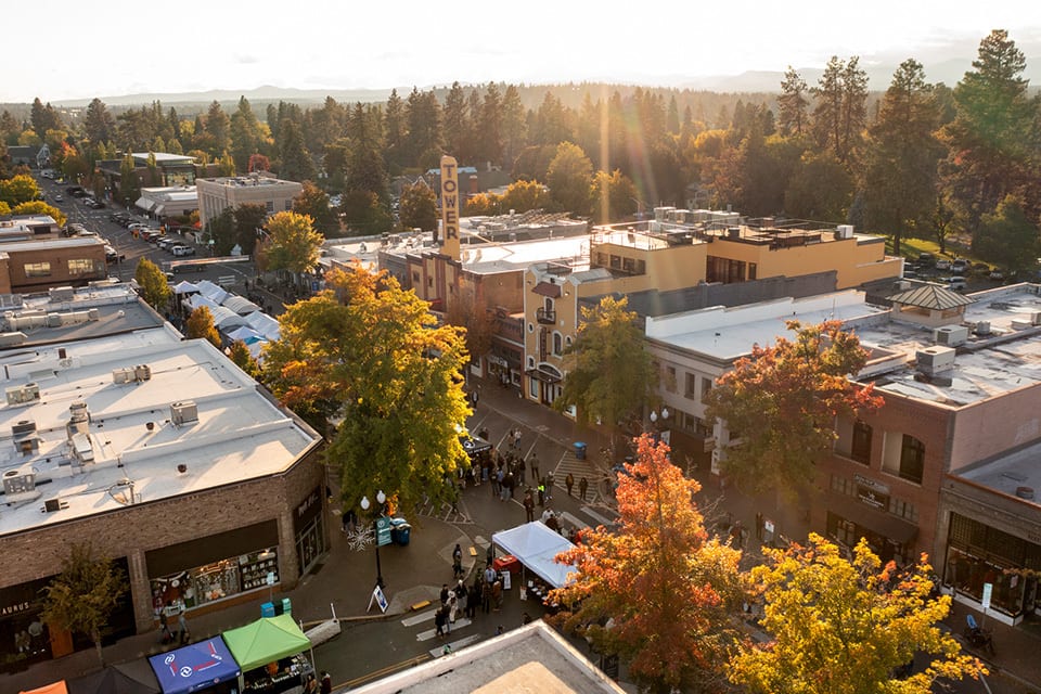 Aerial view of downtown Bend during the fall