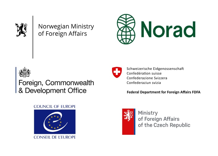 Logos of foreign ministries and development organizations including Norway, UK, Switzerland, Czech Republic, Norad, and Council of Europe.
