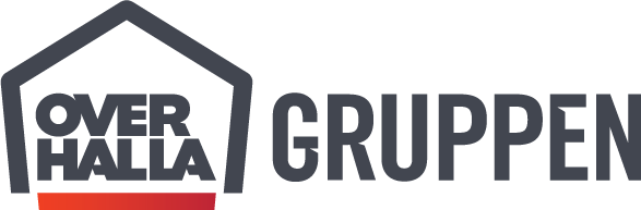 Logo for OVER HALLA GRUPPEN, with a house outline and a gradient bar.