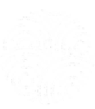 White abstract concentric and arcing lines forming a circular wave pattern on a dark green background.