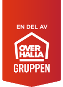 Red banner with text "EN DEL AV OVERHALLA GRUPPEN" and a house logo.