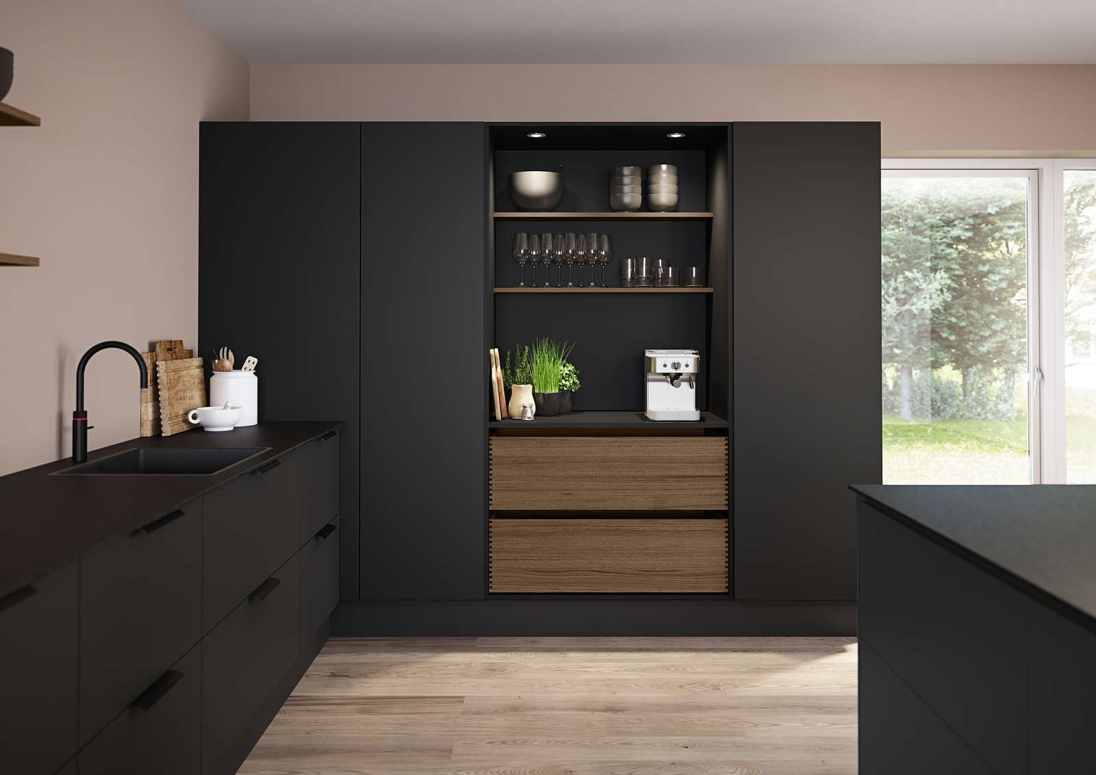 Bathroom cabinet, Interior design, Cabinetry, Countertop, Tap, Building, Plant, Wood, Lighting, Sink