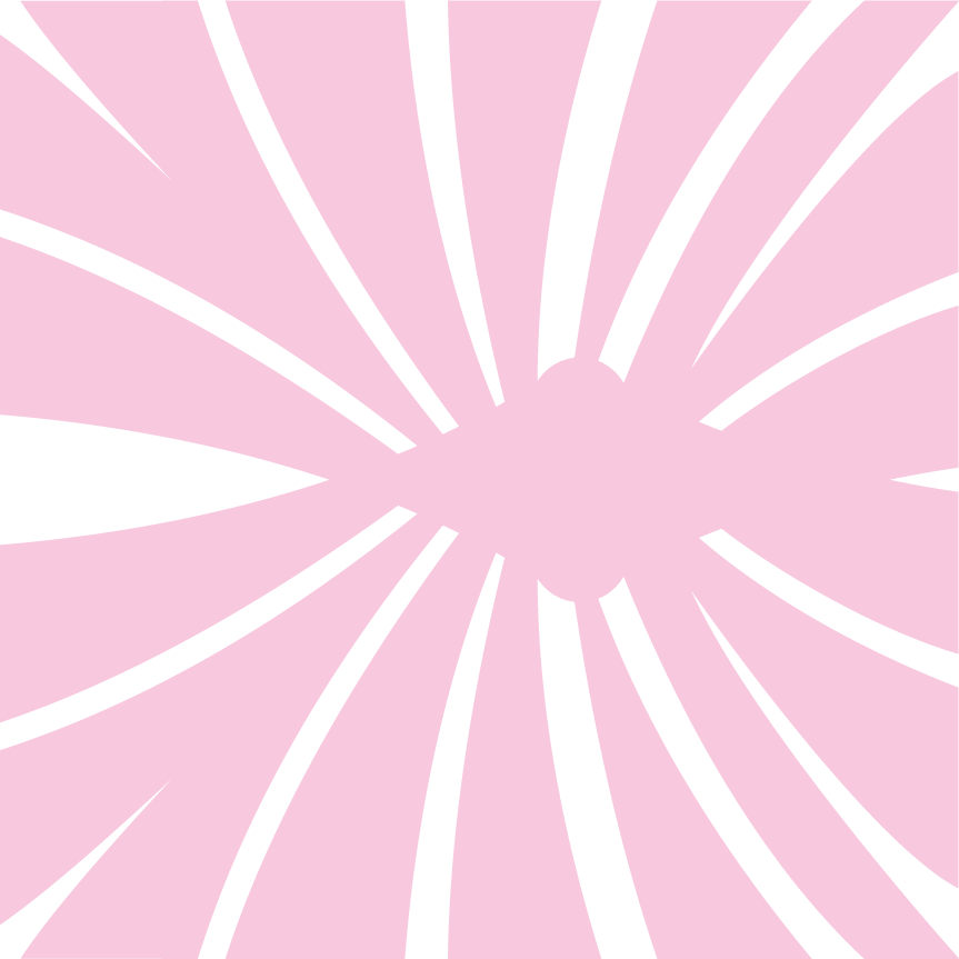 Abstract pink shapes radiating from a central oval on a dark green background.