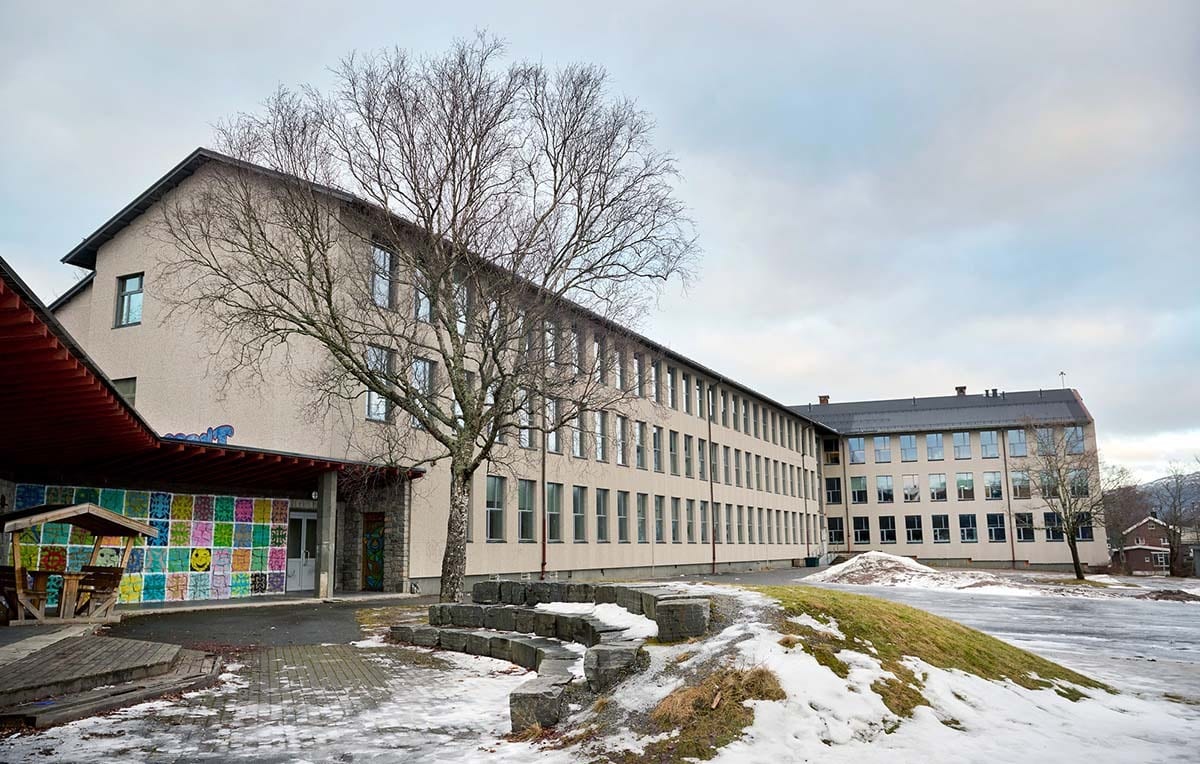 Large building with many windows, a bare tree in front, and a colorful mural on a wall with snow on the ground.