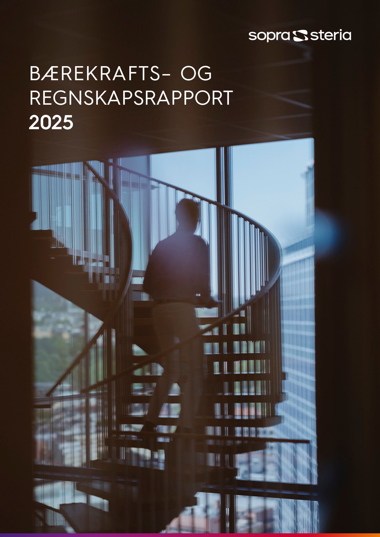 Forside Sopra Steria 2025 års- og bærekraftsrapport, bilde av person i trapp