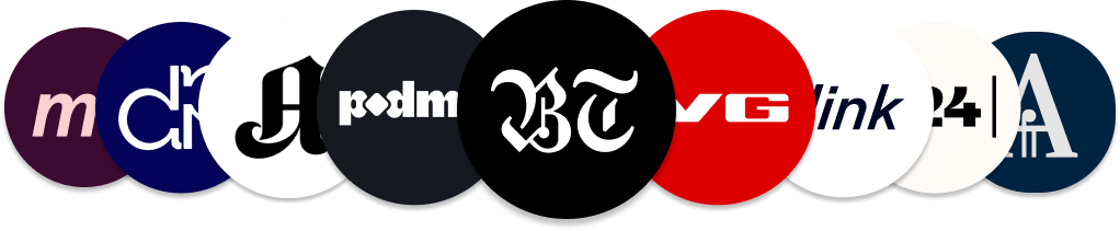 Row of overlapping circular logos for news and media brands.