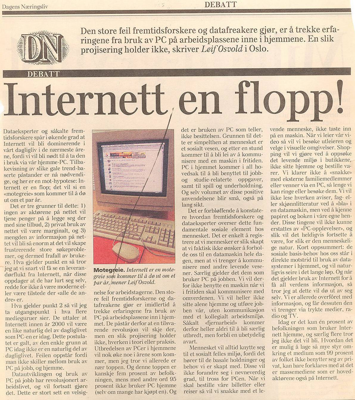 Newspaper article titled "Internet a Flop!" with an image of an old computer monitor.