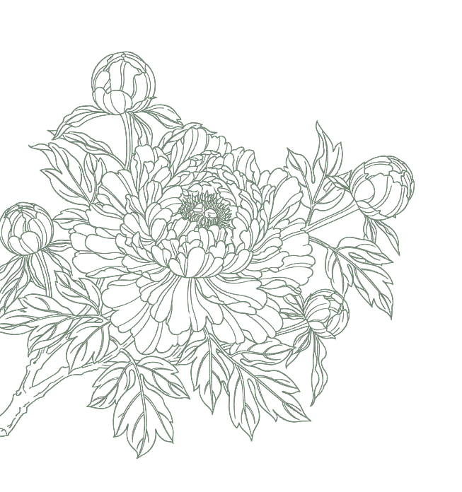 Intricate black outline of a floral arrangement with blue details on a green background.