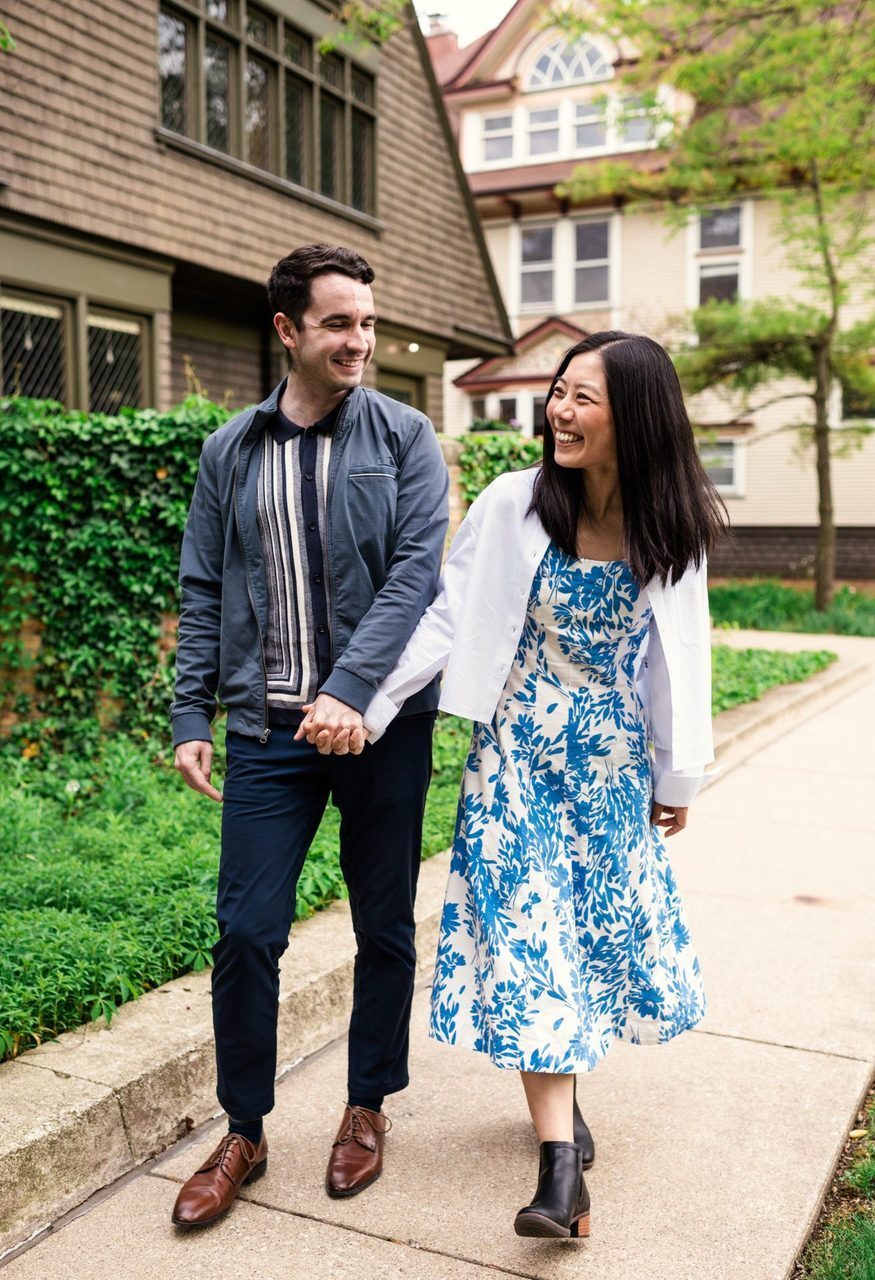 Happy couple walking hand-in-hand outdoors.