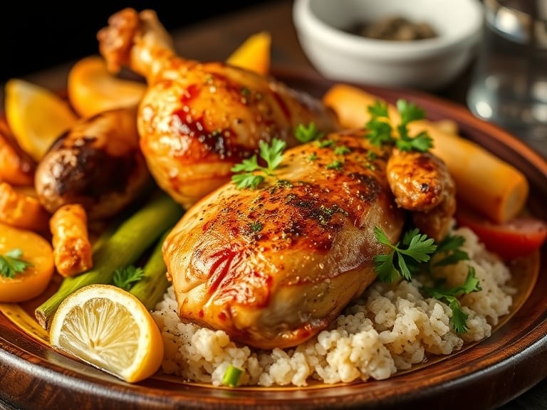 Roast chicken, Turkey meat, Food, Ingredient, Cooking, Tableware, Vegetable, Roasting