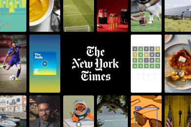 A grid display of New York Times content, featuring its logo, 'The Daily' podcast, and Wordle.