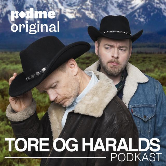Two men in cowboy hats against mountains for 'Tore og Haralds Podkast' from Podme original.