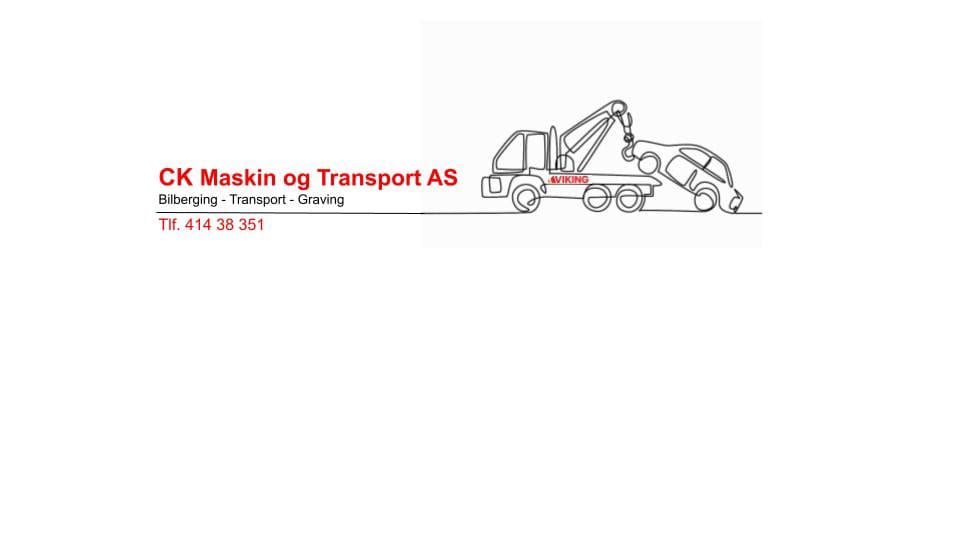 Logo for CK Maskin og Transport AS: tow truck (Viking) graphic with services and phone number.