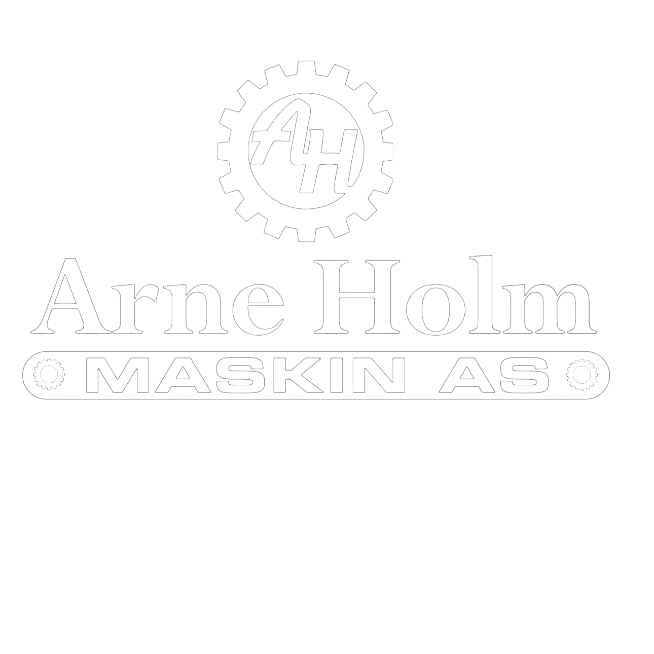 White 'Arne Holm Maskin AS' logo with 'AH' in a gear on a green background.