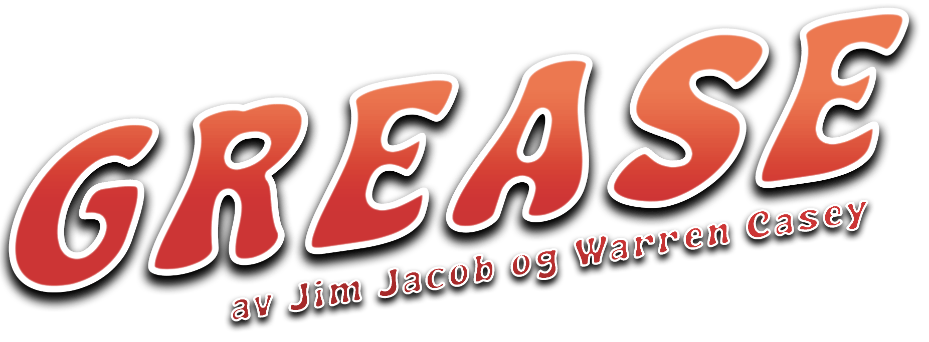 GREASE logo: red-orange, outlined letters. Below: "av Jim Jacob og Warren Casey".