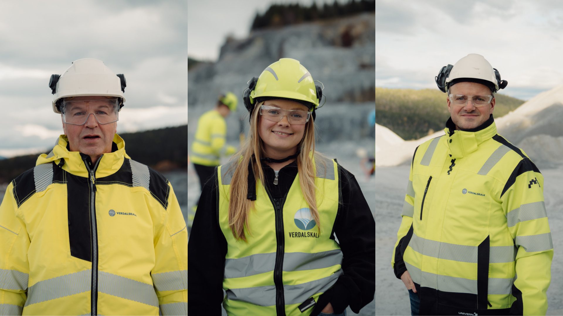 Three Verdalskalk workers in safety gear at a quarry.