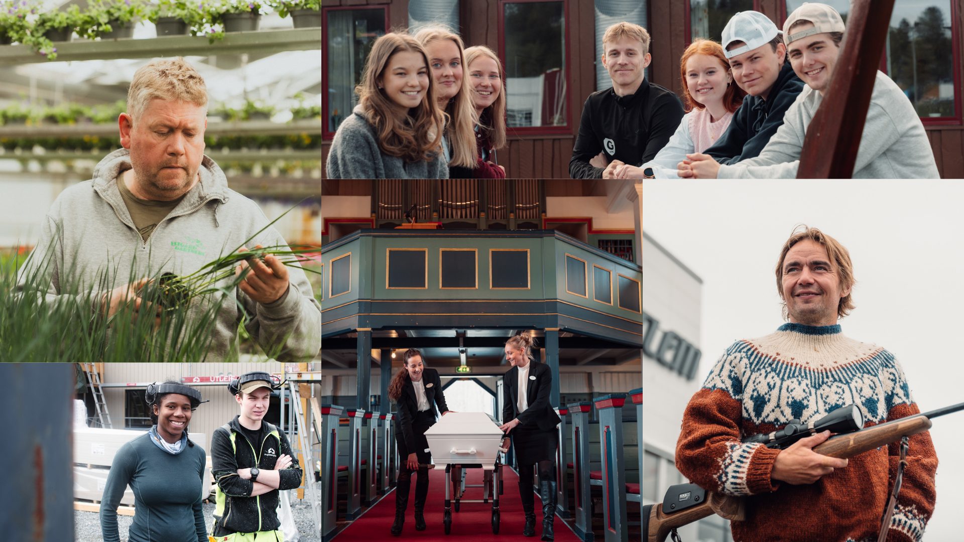 Coallage av bilder fra innholdssaker laget av TA Kreativ - et mediebyrå i Trøndelag. Bildene viser Jens Kvernmo, lærlinger i et byggefirma, avgangselever ved en videregående skole, to damer i et begravelsesbyrå som frakter en kiste opp kirkegulvet og en mann som studerer planter i eget gartneri 