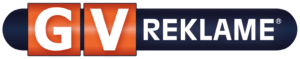 GV REKLAME® logo with white text on orange and dark blue backgrounds.