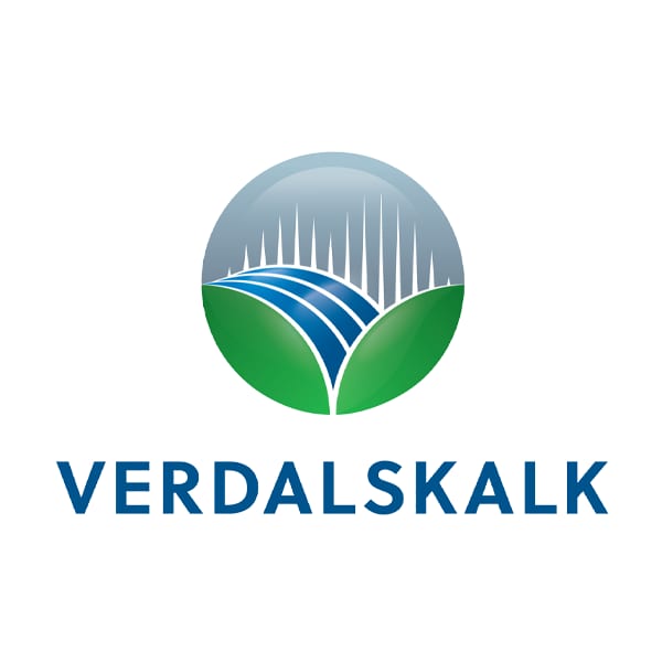 VERDALSKALK logo. Circular graphic: green hills, blue stripes, white spikes. Below, blue text VERDALSKALK.