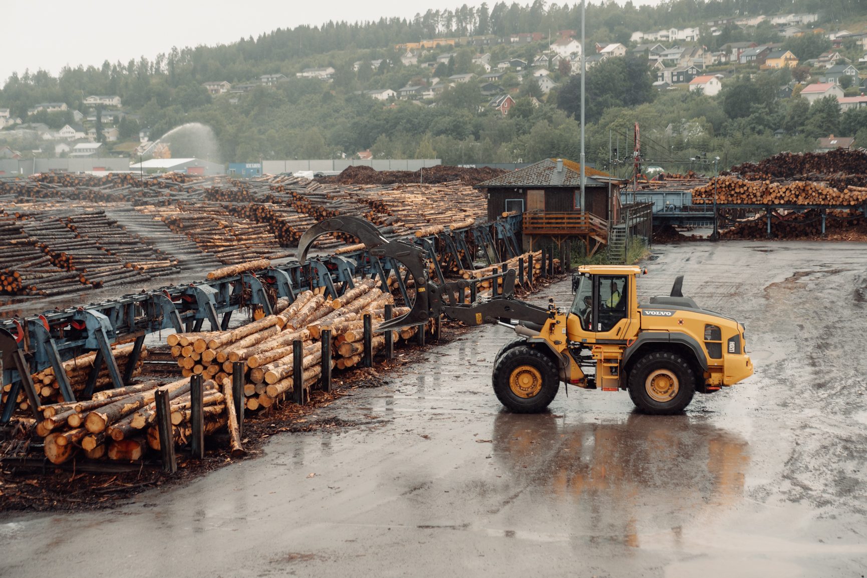 Timber yard with logs, a yellow Volvo loader, and wet ground.
