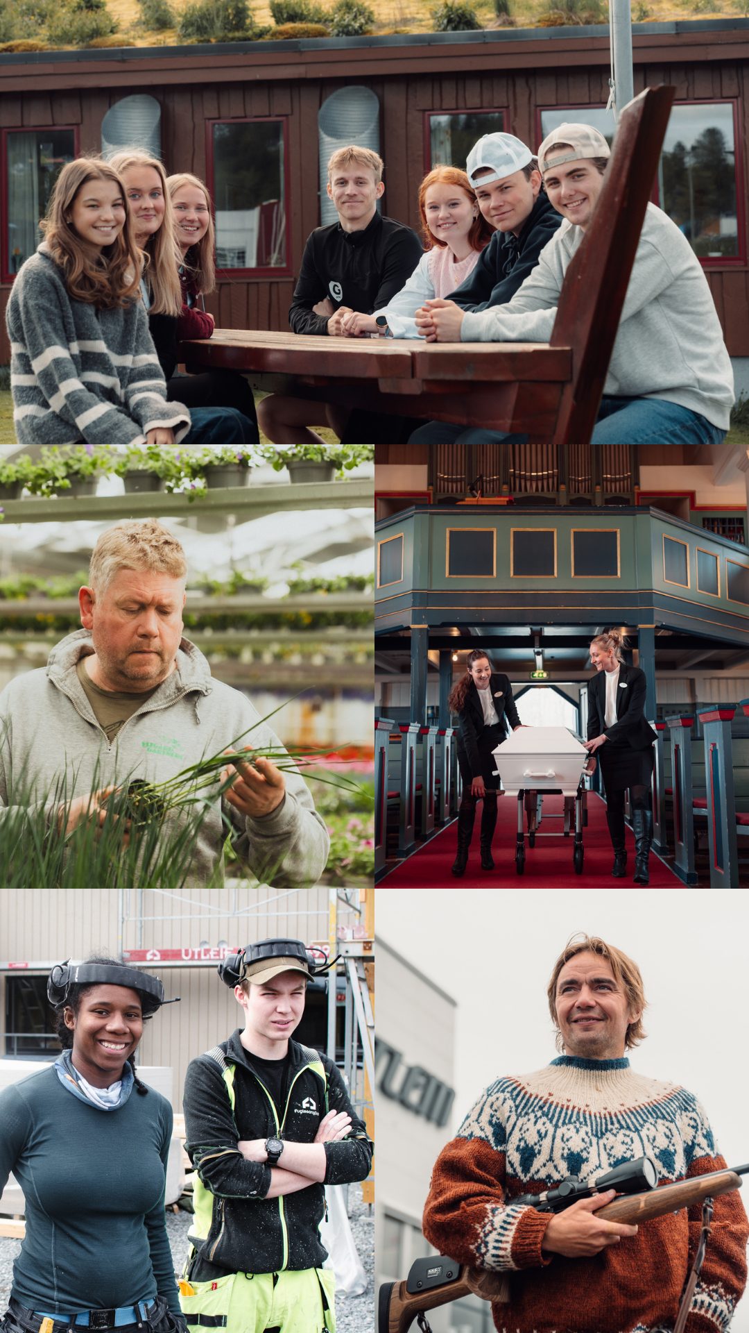 Collage av bilder fra innholdssaker laget av TA Kreativ - et mediebyrå i Trøndelag. Her er bilde av lærlinger i et byggefirma, bilde av Jens Kvernmo, bilde av to damer i et begravelsesbyrå som går oppover kirkegangen, bilder av avgangselever ved Grong videregående skole og bilde av en mann ser på planter i sitt eget gartneri