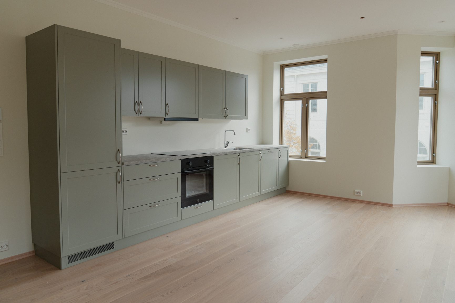 Empty kitchen with sage green cabinets, light wood floor, and large windows.