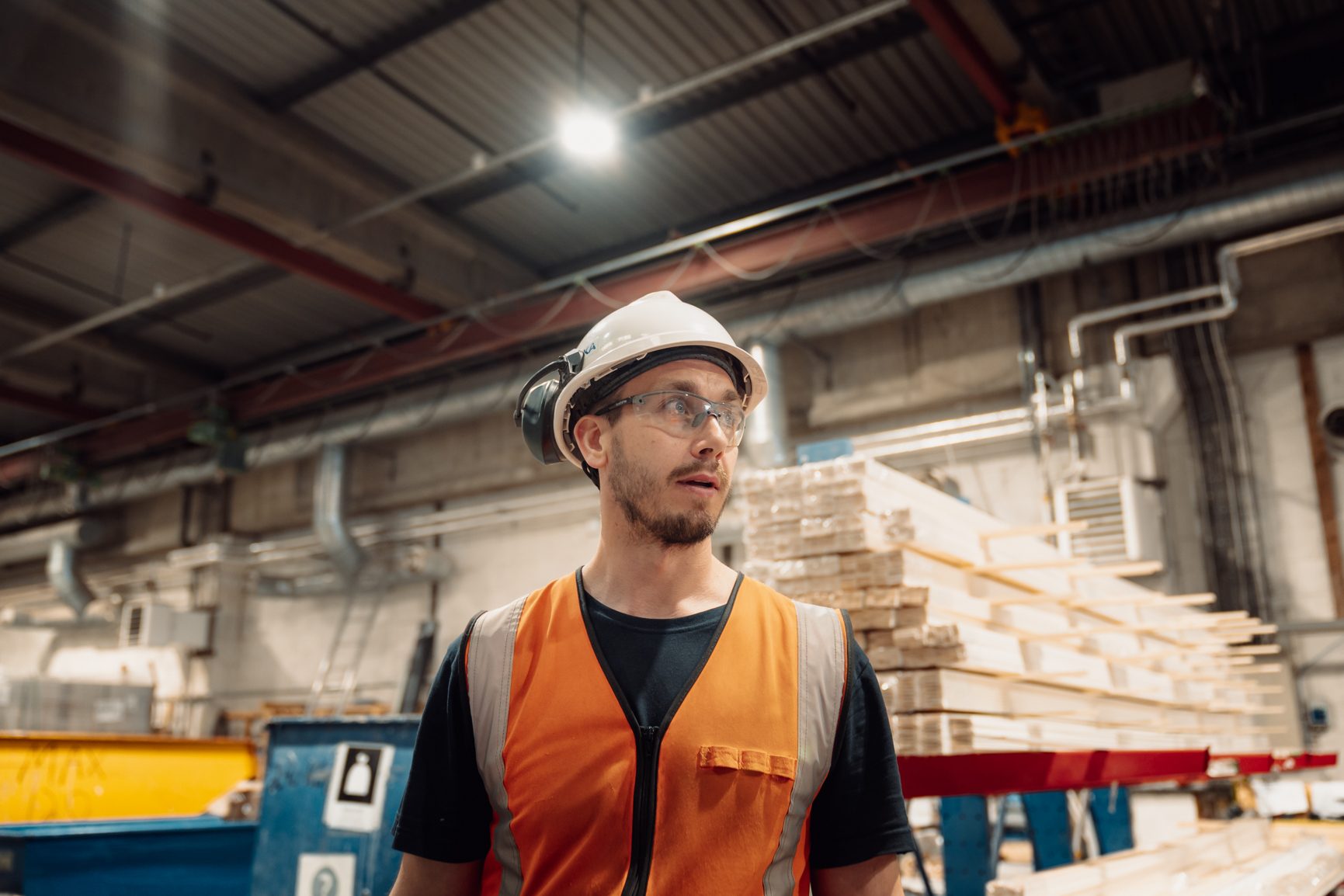 Man in safety gear looks right in a lumber factory.