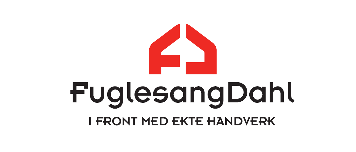 FuglesangDahl logo: red stylized house icon, and slogan 'I FRONT MED EKTE HÅNDVERK'.