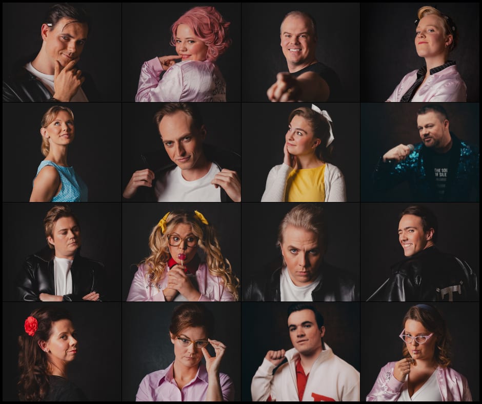 16 portraits of actors in retro 1950s attire, likely a musical cast.