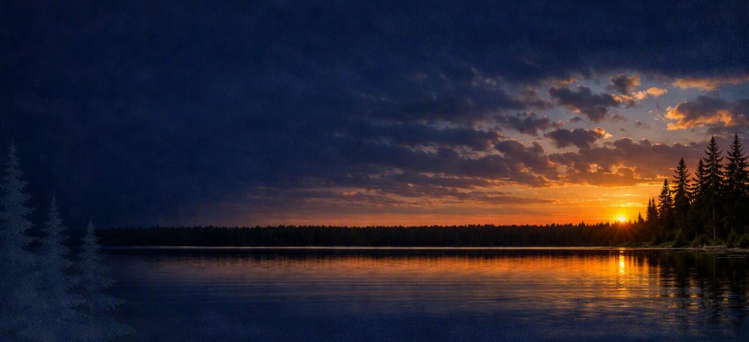 Golden sunset over a tranquil lake, reflecting a fiery sky and dark forest.