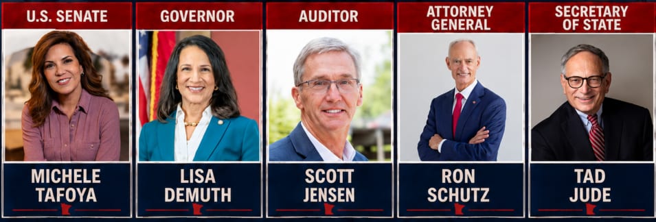 Five political candidates: Michele Tafoya (U.S. Senate), Lisa Demuth (Governor), Scott Jensen (Auditor), Ron Schutz (Attorney General), and Tad Jude (Secretary of State).