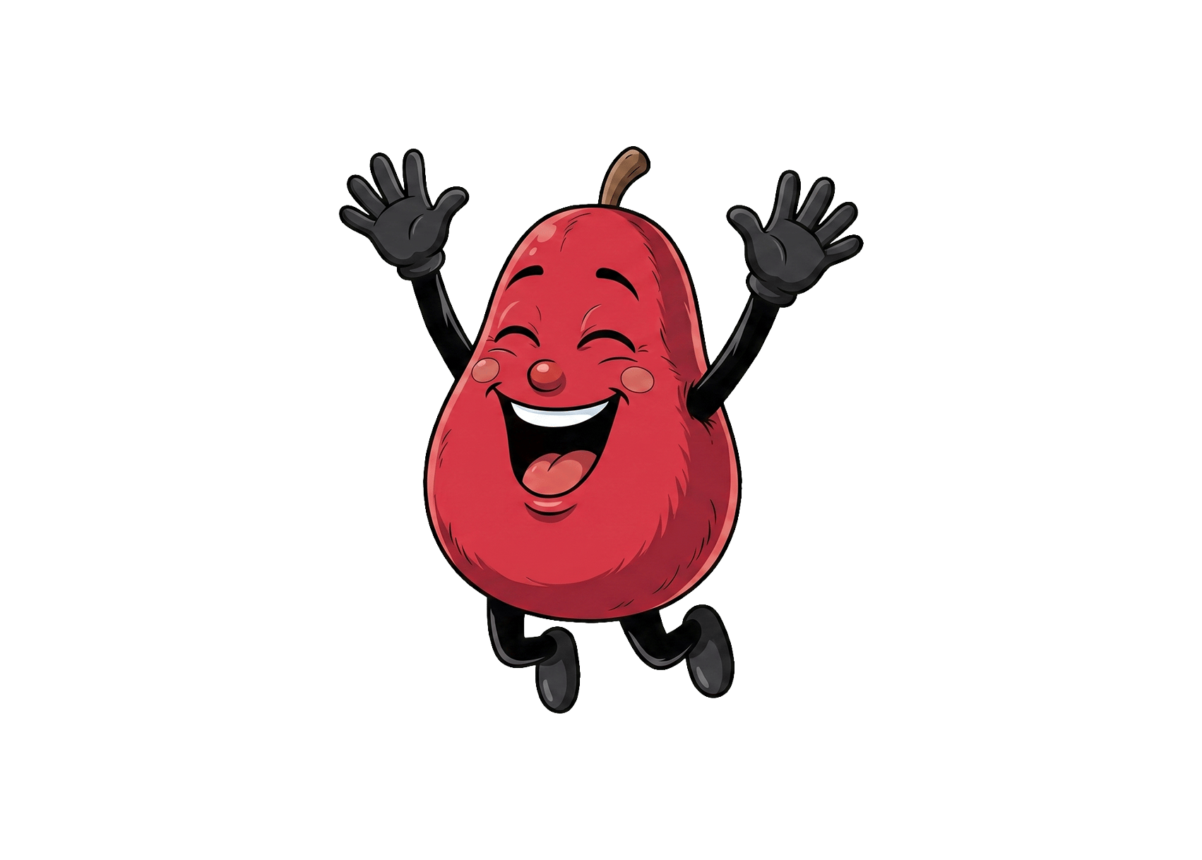 Happy red cartoon fruit (pear or rose apple) with arms and legs jumping joyfully, white background.