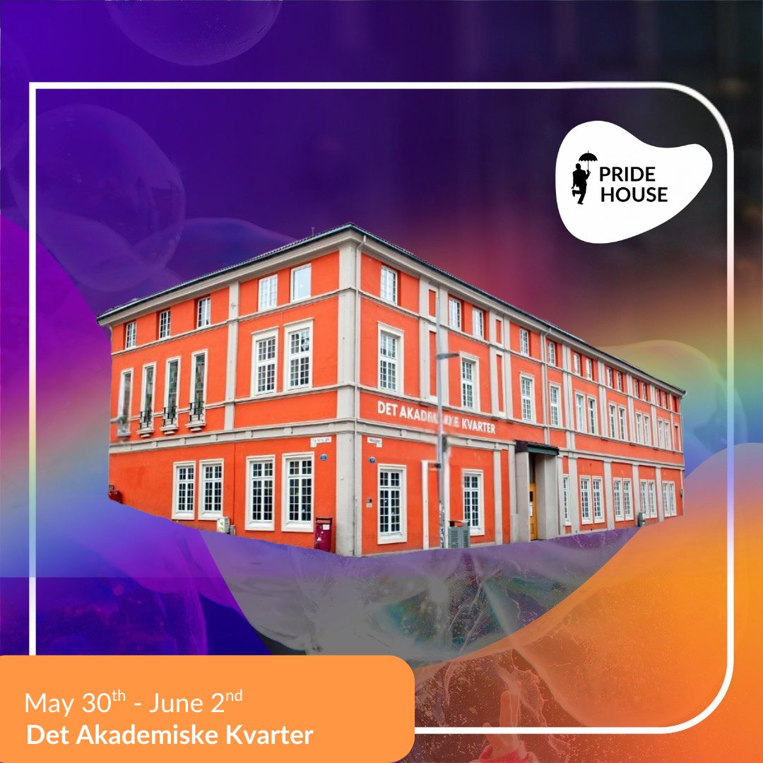 Orange building with white windows, 'Det Akademiske Kvarter' text, Pride House logo, and event dates.