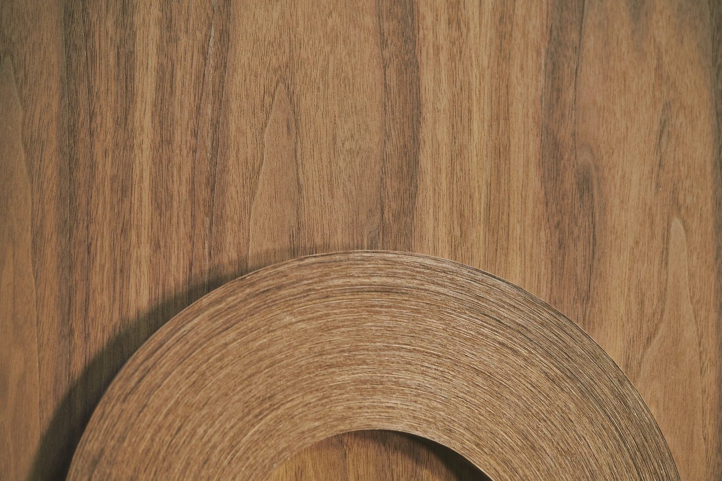 Wood veneer roll on wood background.