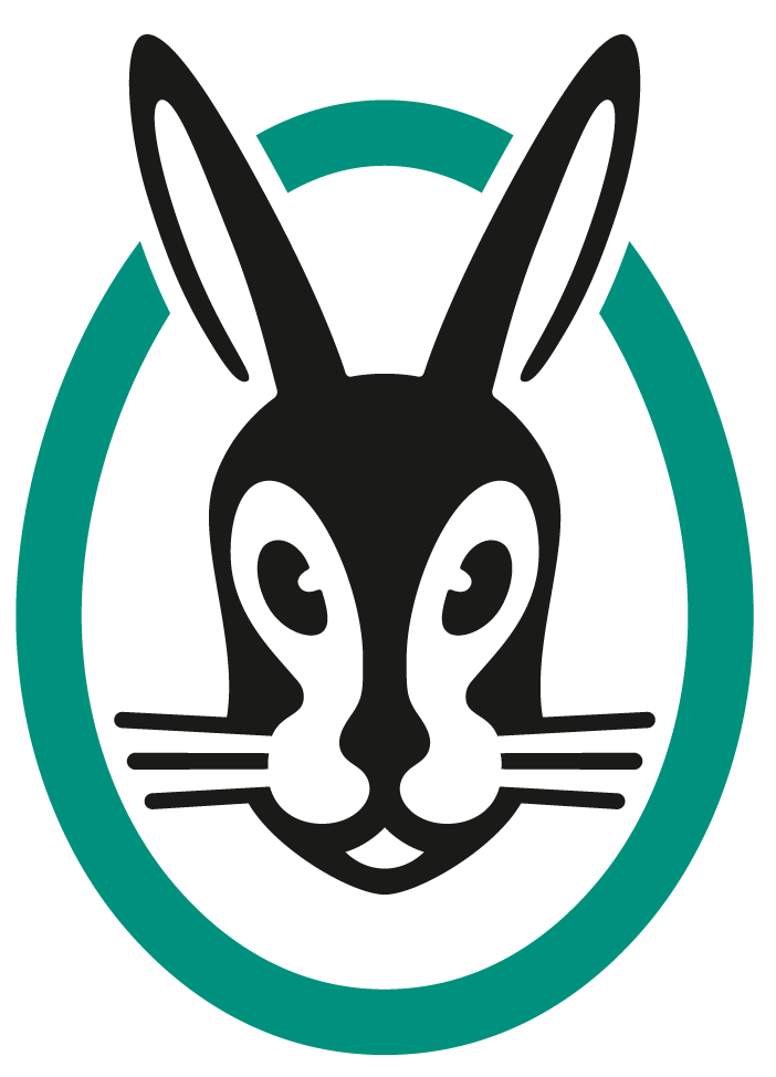 Black rabbit head in white and green circles.