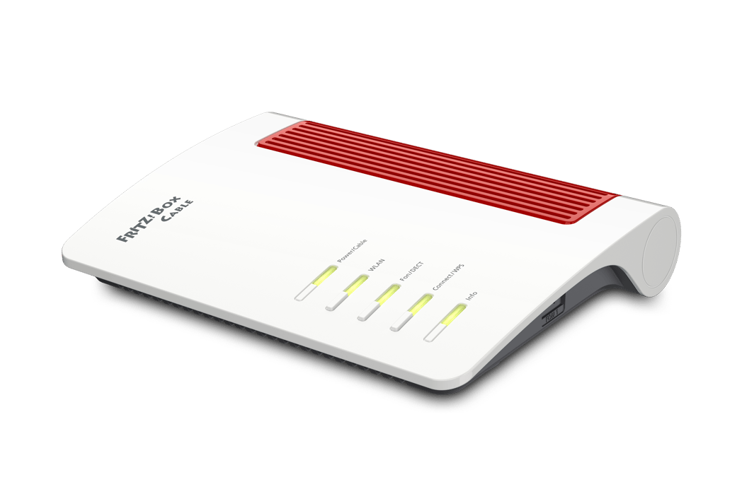 A white and red FRITZ!Box Cable modem with illuminated status LEDs.