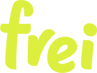 Lime green text "frei" on a dark green background.