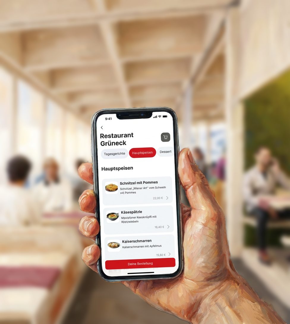 Painted hand holding smartphone with "Restaurant Grüneck" menu app showing German dishes.