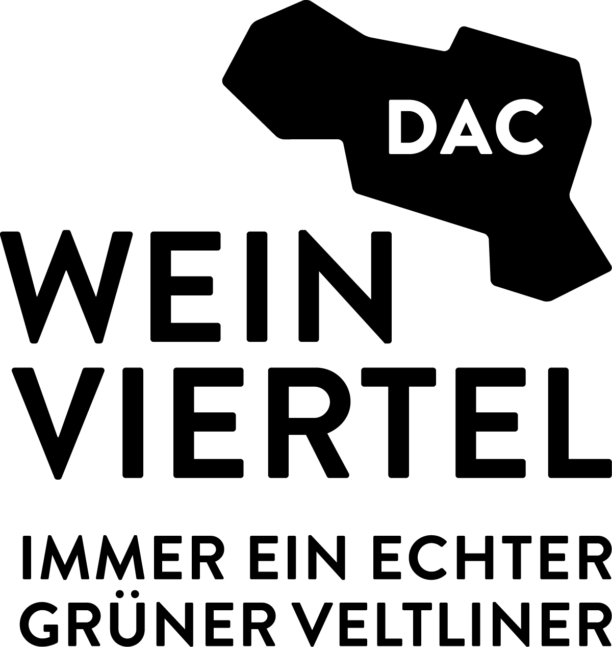 Logo for Weinviertel featuring the main text "WEIN VIERTEL", the slogan "IMMER EIN ECHTER GRÜNER VELTLINER", and a "DAC" label within a map-like shape.