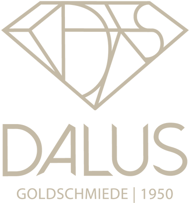 DALUS GOLDSCHMIEDE logo: abstract diamond with "D" and "S" inside, "DALUS" text, and "GOLDSCHMIEDE | 1950".