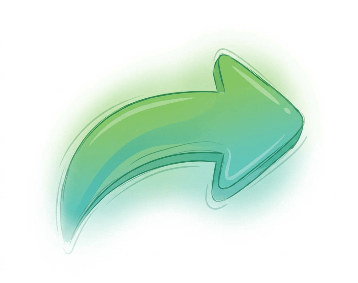 A glossy, green and teal curved arrow pointing right, with a subtle light green glow.