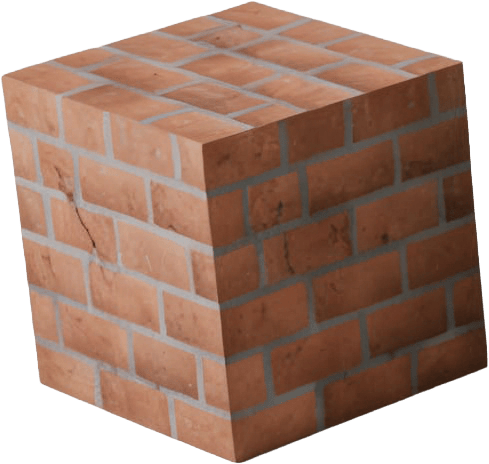 A three-dimensional cube rendered with a texture of red bricks and gray mortar, showing some cracks.