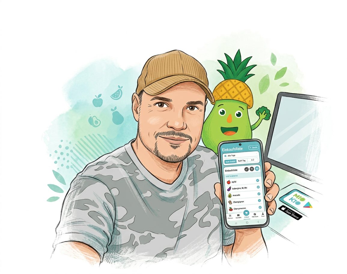 Man in a cap holding a smartphone with a shopping list app, next to a cartoon avocado character with a pineapple hat.
