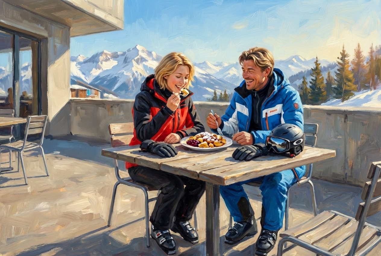 A smiling couple in ski gear eats on a sunlit mountain terrace with snowy peaks.