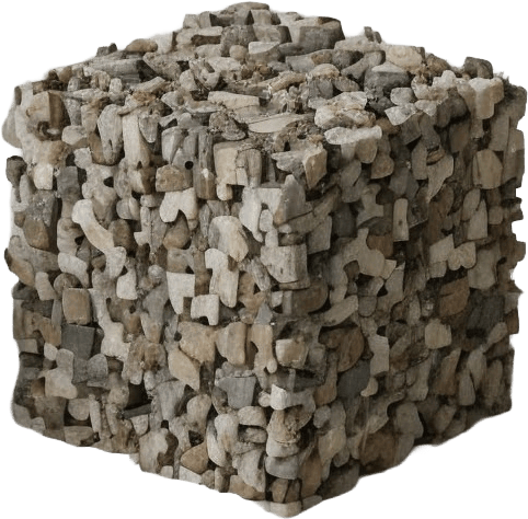 A cube-shaped sculpture or structure made from numerous interlocking, irregularly shaped stone pieces.